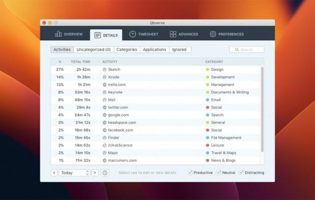 Qbserve 1.91 for Mac 自动追踪Mac使用时间并实时反馈生产力的工具